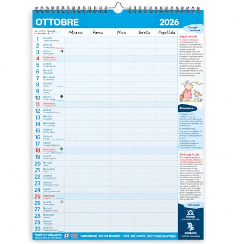 Sprea Calendario Agenda della Famiglia 2027 planner 15 mesi 5 colonne