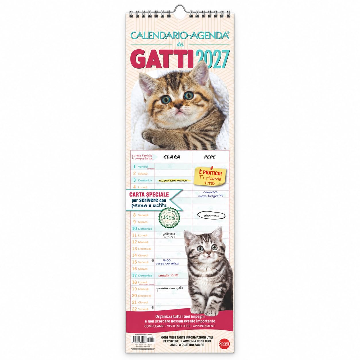 Sprea Gatti 2027 calendario agenda da muro 15x50