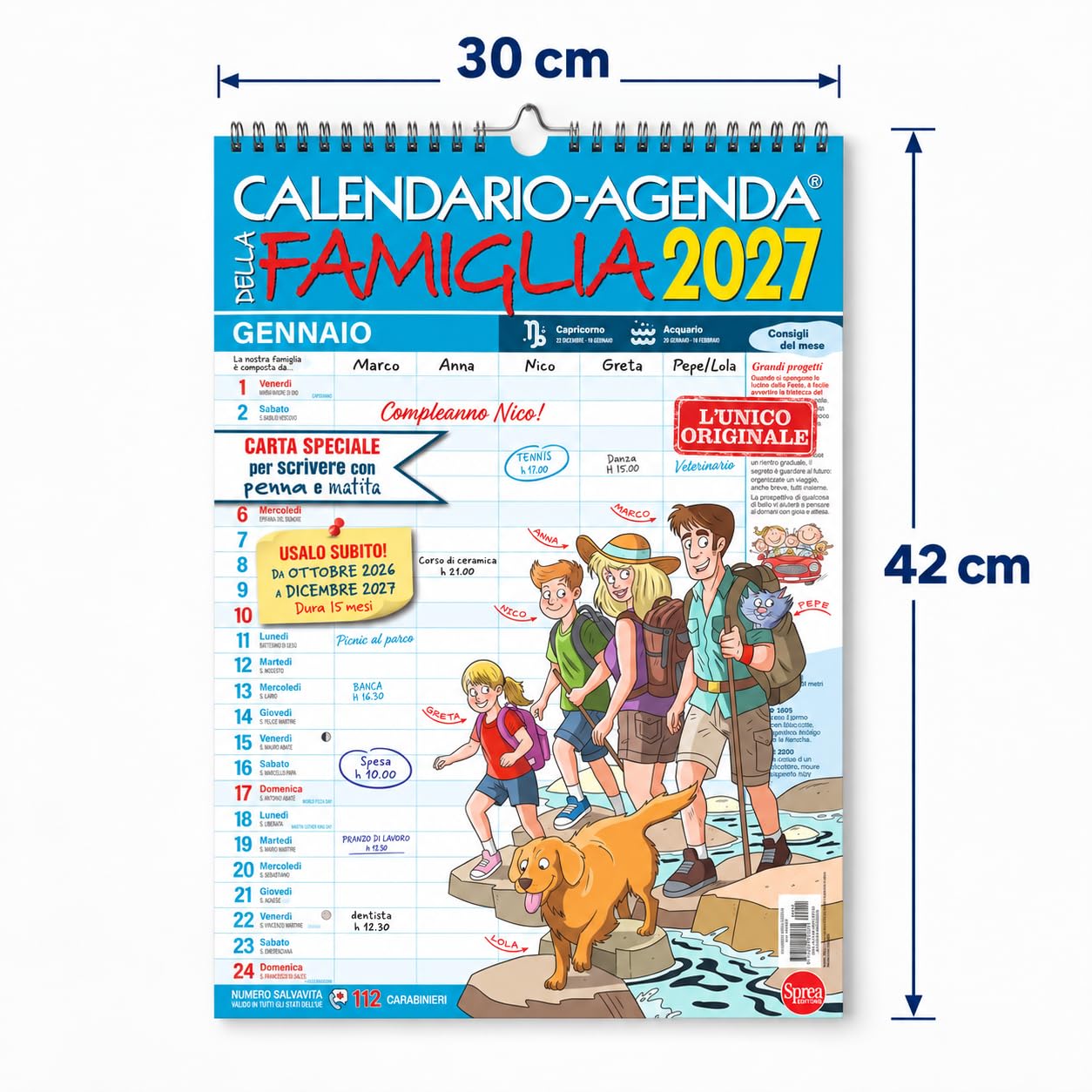 Sprea Calendario Agenda della Famiglia 2027 planner 15 mesi 5 colonne