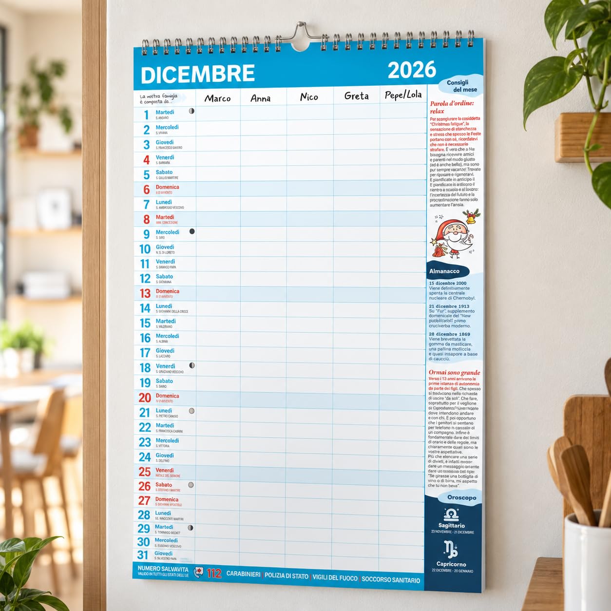 Sprea Calendario Agenda della Famiglia 2027 planner 15 mesi 5 colonne