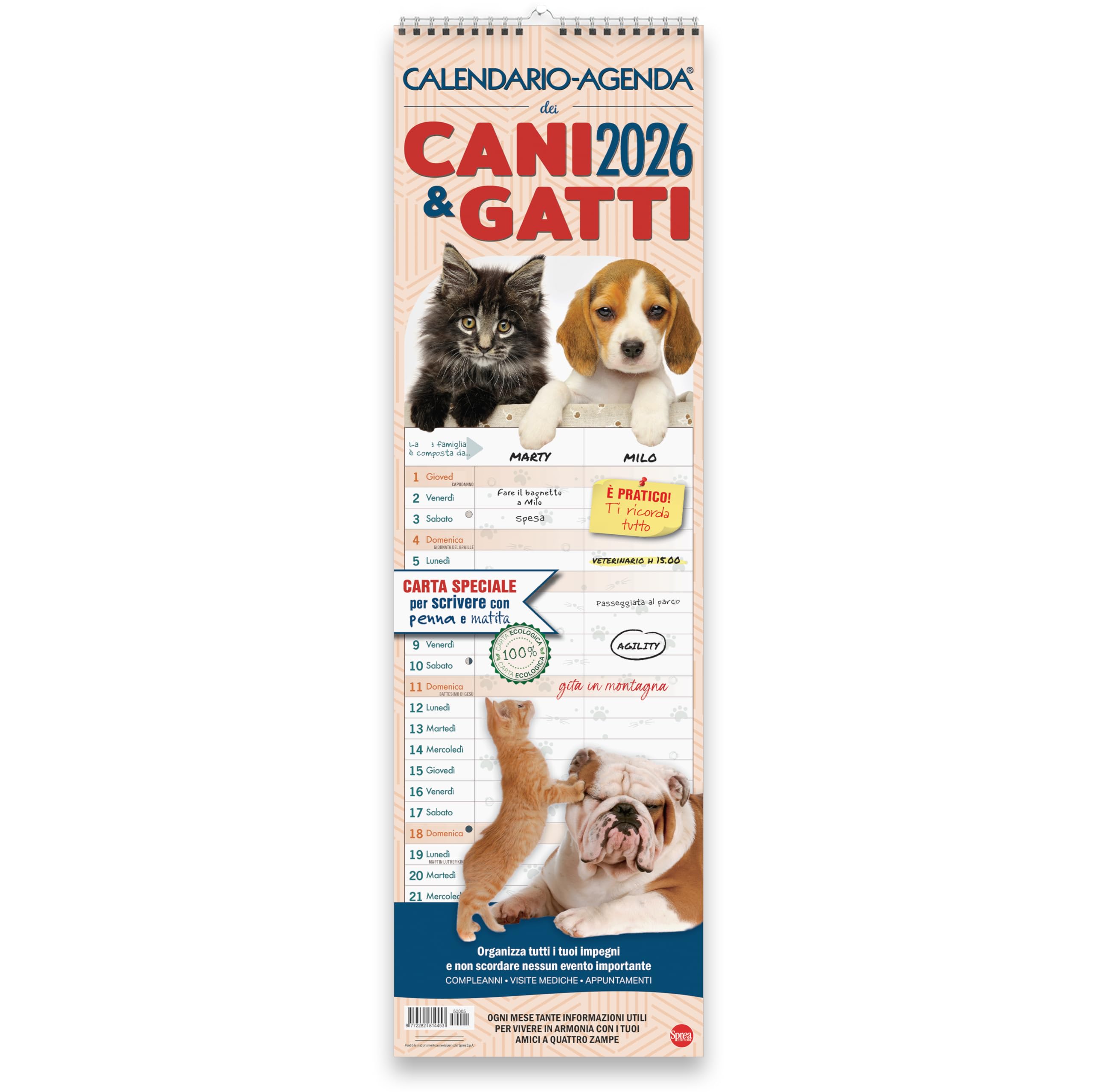 Sprea Cani e Gatti 2026 calendario agenda da muro