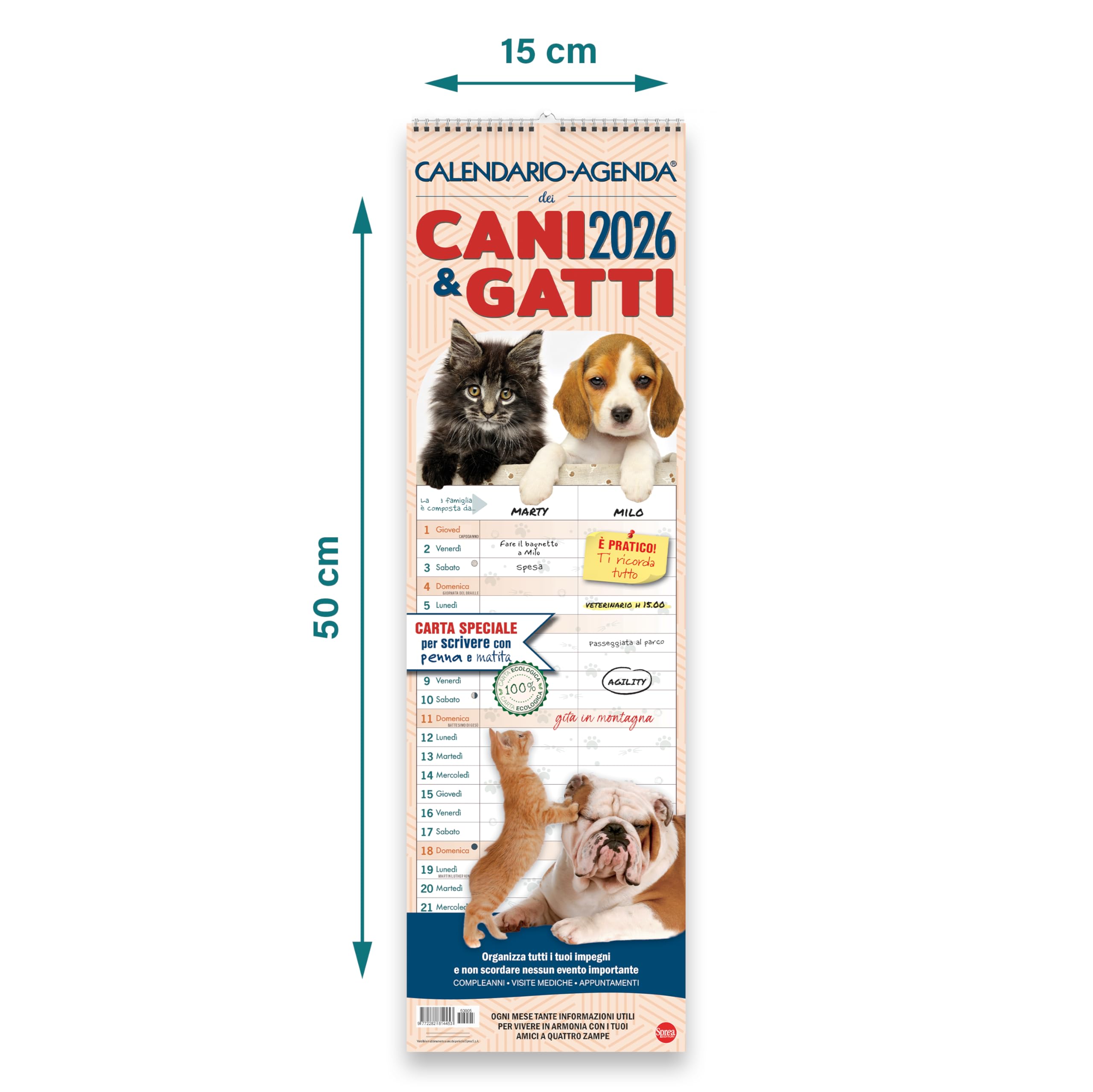 Sprea Cani e Gatti 2026 calendario agenda da muro