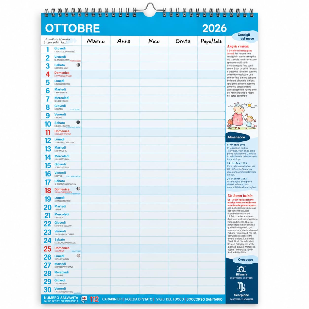 Sprea Calendario Agenda della Famiglia 2027 planner 15 mesi 5 colonne