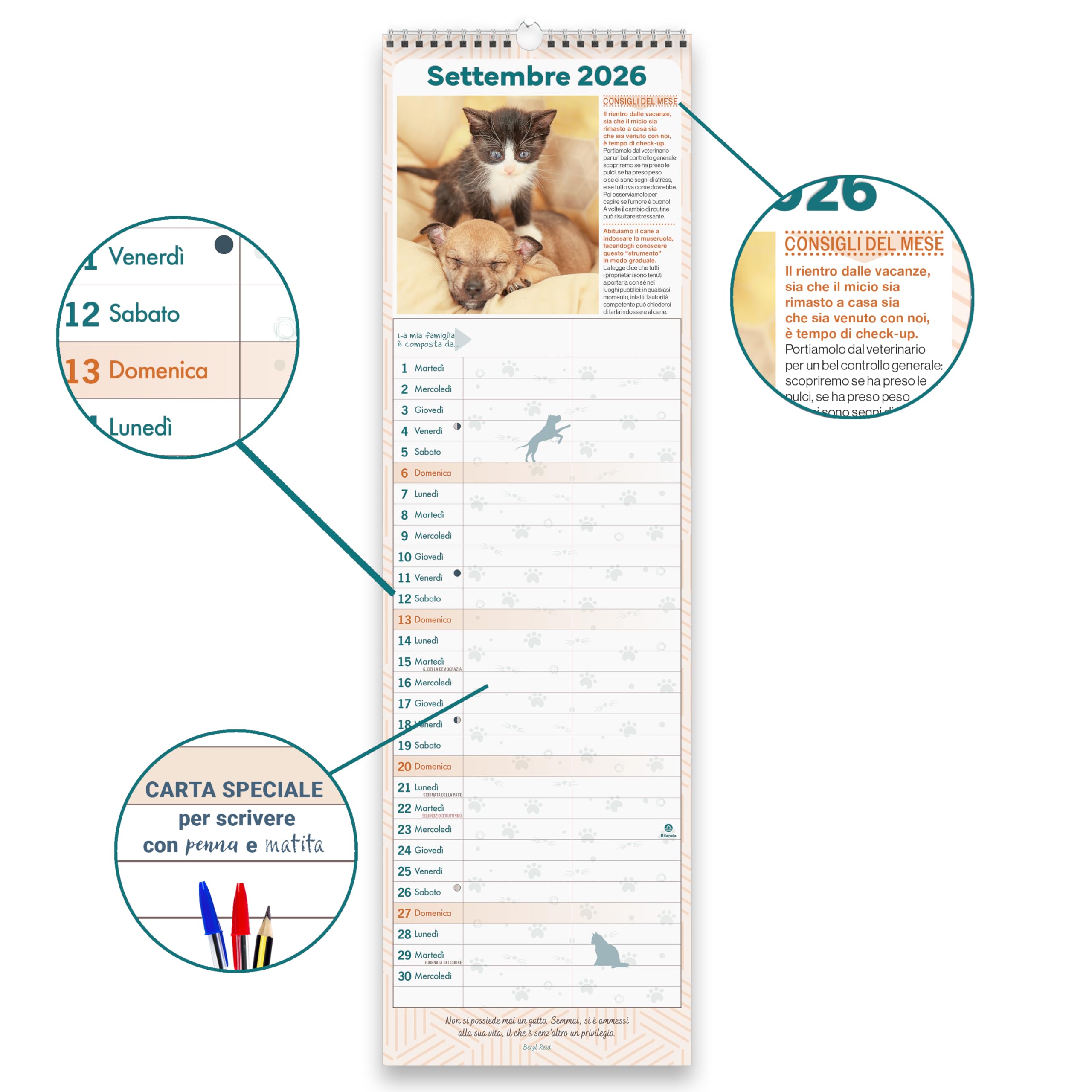 Sprea Cani e Gatti 2026 calendario agenda da muro
