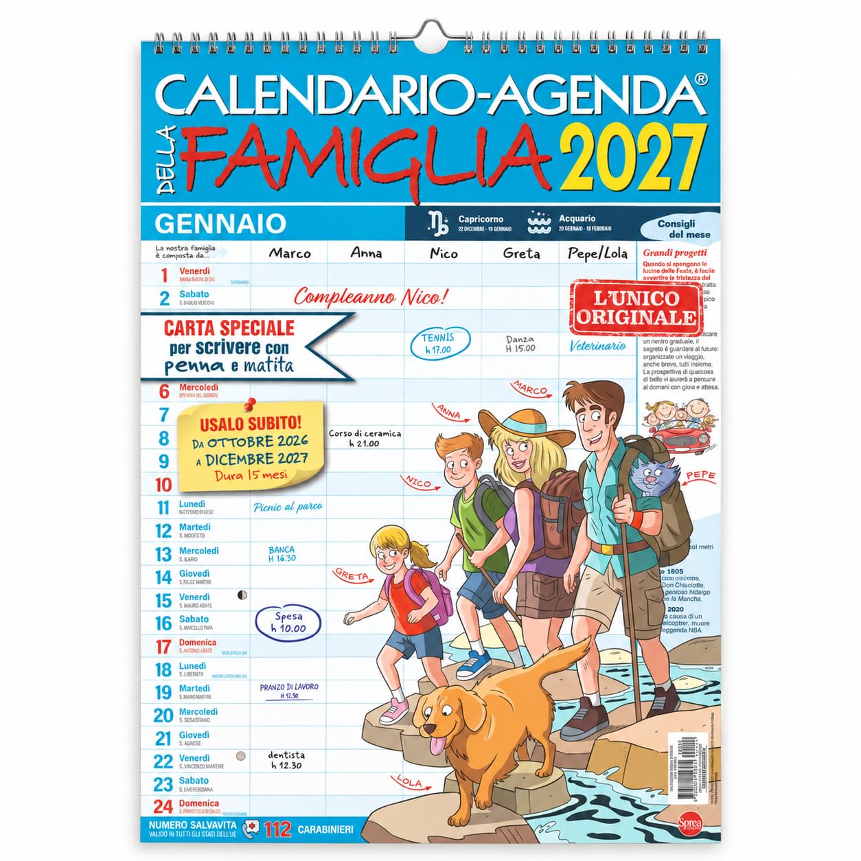 Sprea Calendario Agenda della Famiglia 2027 planner 15 mesi 5 colonne